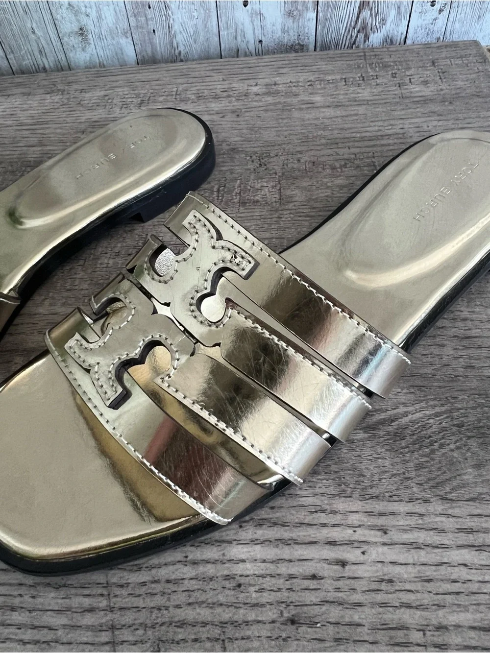 Tory Burch Ines Metallic Gold Triple-Strap Slide Sandals Size 7